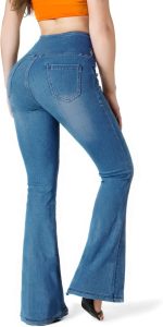 Knit Stetchy Flare Jean for Women,Jean Leggings with Pockets High Waisted Pull on Bell Bottom Yoga Pants - Image 2