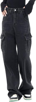 Women's High Waisted Cargo Jeans Straight Wide Leg Stretch Baggy Jean  Casual Loose Denim Cargo Pants Trousers - Image 2