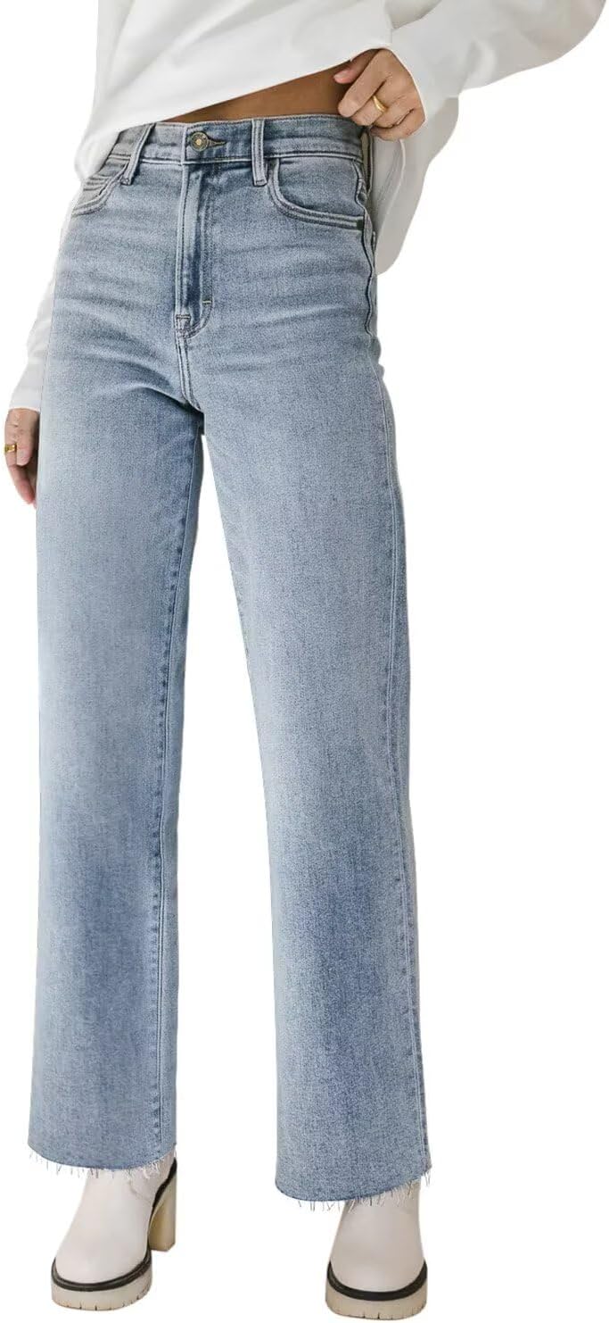 61u0LJPVCNL._AC_SL1500_.jpg Straight Leg Jeans for Women High Waisted Jeans Frayed Baggy Pants Raw Hem Loose Stretchy Cropped Wide Leg Jeans - Image 1