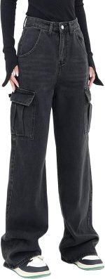 Women's High Waisted Cargo Jeans Straight Wide Leg Stretch Baggy Jean  Casual Loose Denim Cargo Pants Trousers