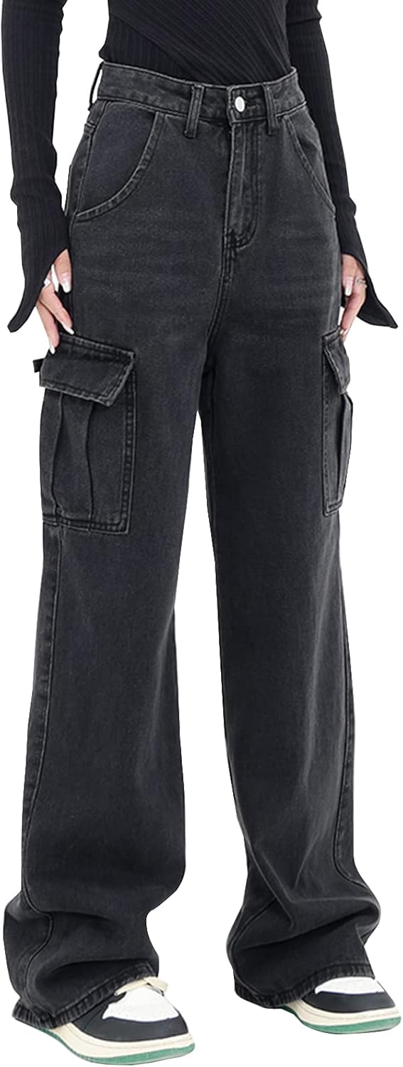 61xOnbJWd5L._AC_SL1500_.jpg Women's High Waisted Cargo Jeans Straight Wide Leg Stretch Baggy Jean Casual Loose Denim Cargo Pants Trousers - Image 1