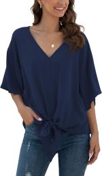 Womens Tie Front Chiffon Blouses V Neck Batwing Short Sleeve Summer Floral Tops Shirts - Image 2