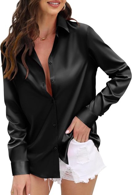 Womens Soft Satin Silk Leopard Button Down Shirts for Women Silky Long Sleeve Work Shirt Dress Blouses Tops