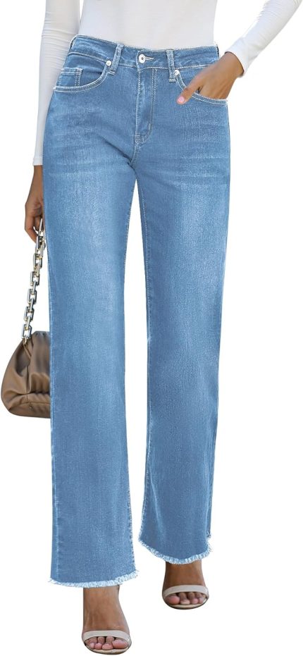 Straight Leg Jeans for Women High Waisted Stretchy Frayed Raw Hem Loose Denim Pants Casual Baggy Jean Trousers