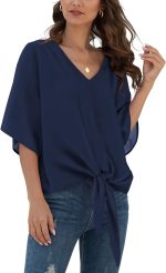 Womens Tie Front Chiffon Blouses V Neck Batwing Short Sleeve Summer Floral Tops Shirts