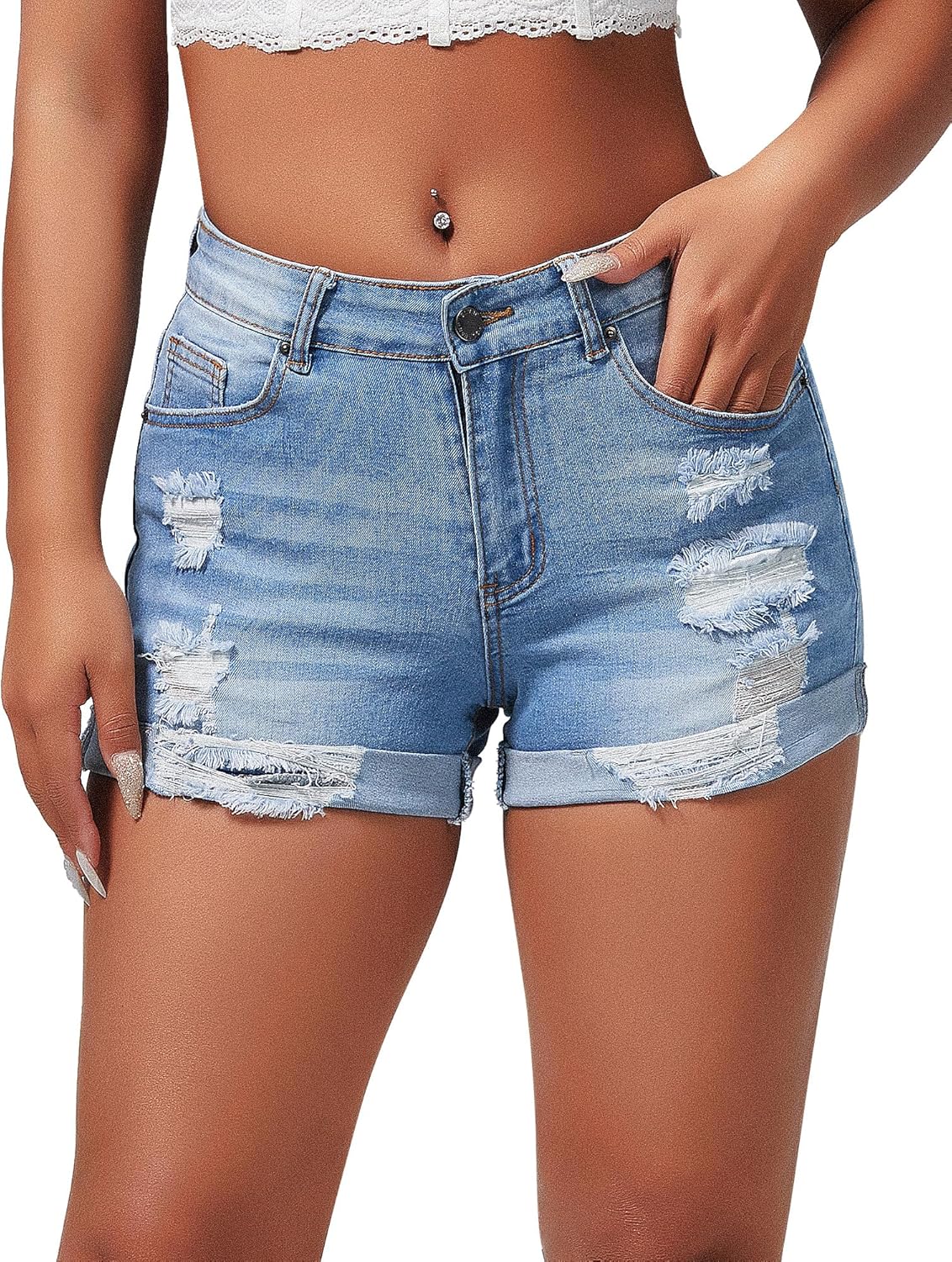 9151Jbsg8rL._AC_SL1500_.jpg Women's Summer Mid Rise Ripped Denim Shorts Stretchy Butt Lifting Jean Shorts - Image 1