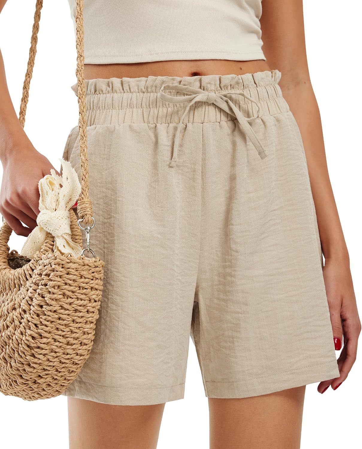91VQcy-e5YL._AC_SL1500_.jpg Shorts forWomen Linen Shorts High Waisted Lightweight Casual Summer Drawstring Beach Vacation Outfit - Image 1